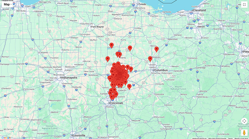 Quality Exterior service area map - Dayton Ohio Miami Valley roofing siding gutters